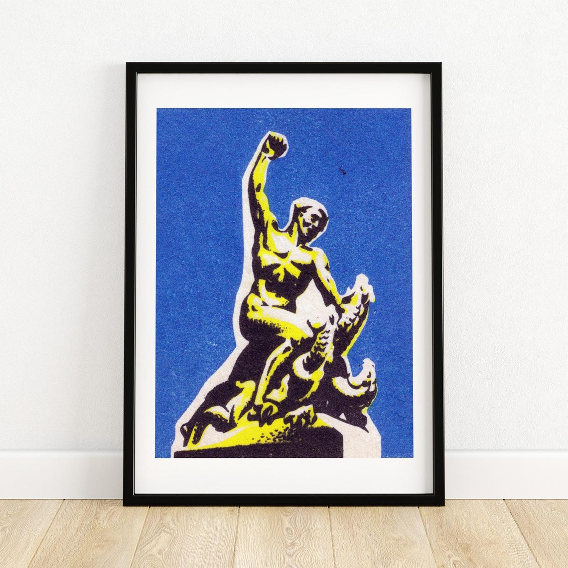Golden Statue Raising Fist Vintage Matchbox Label Art Poster