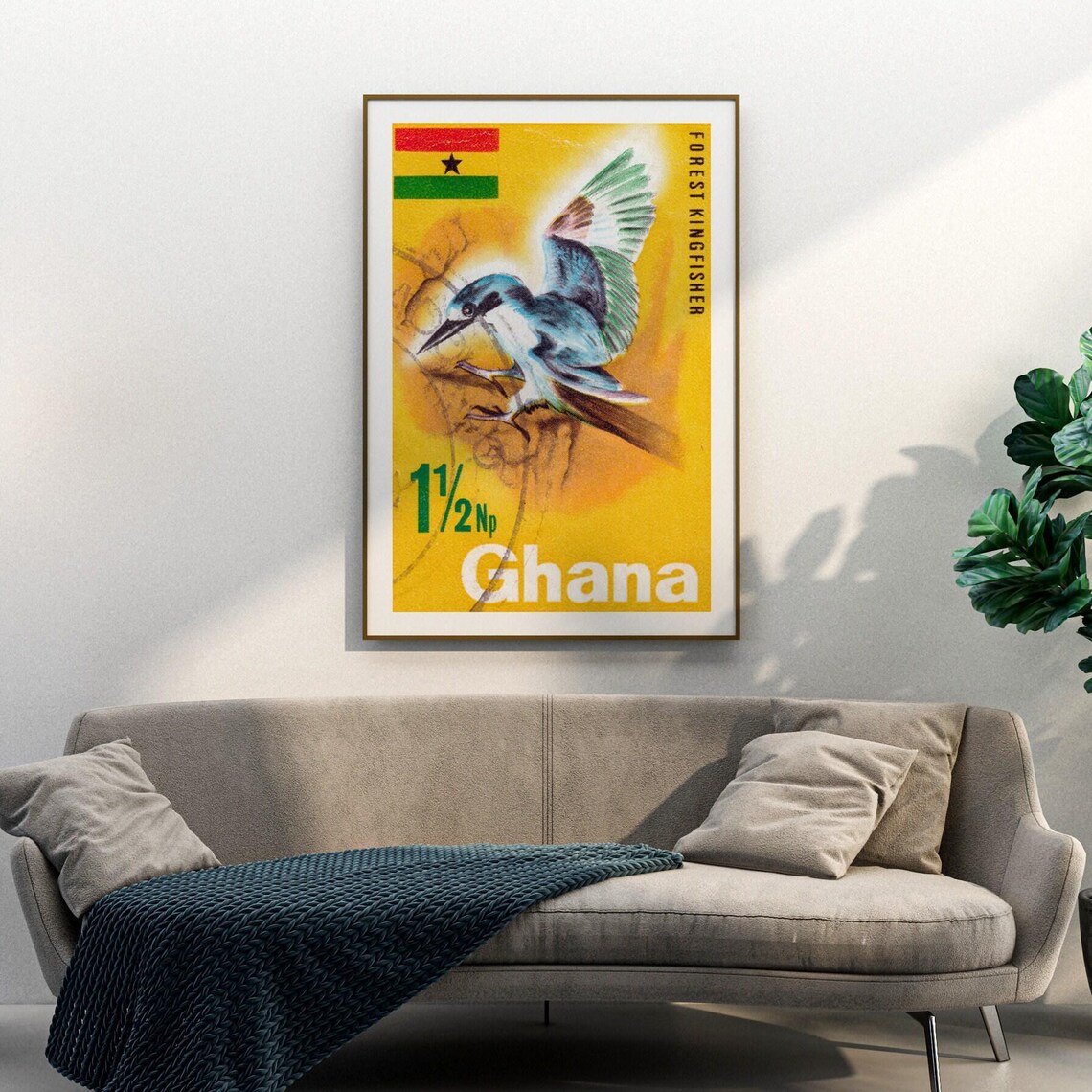 Ghana Forest Kingfisher 1 1/2 Np Vintage Bird Stamp Art Poster - Image 3