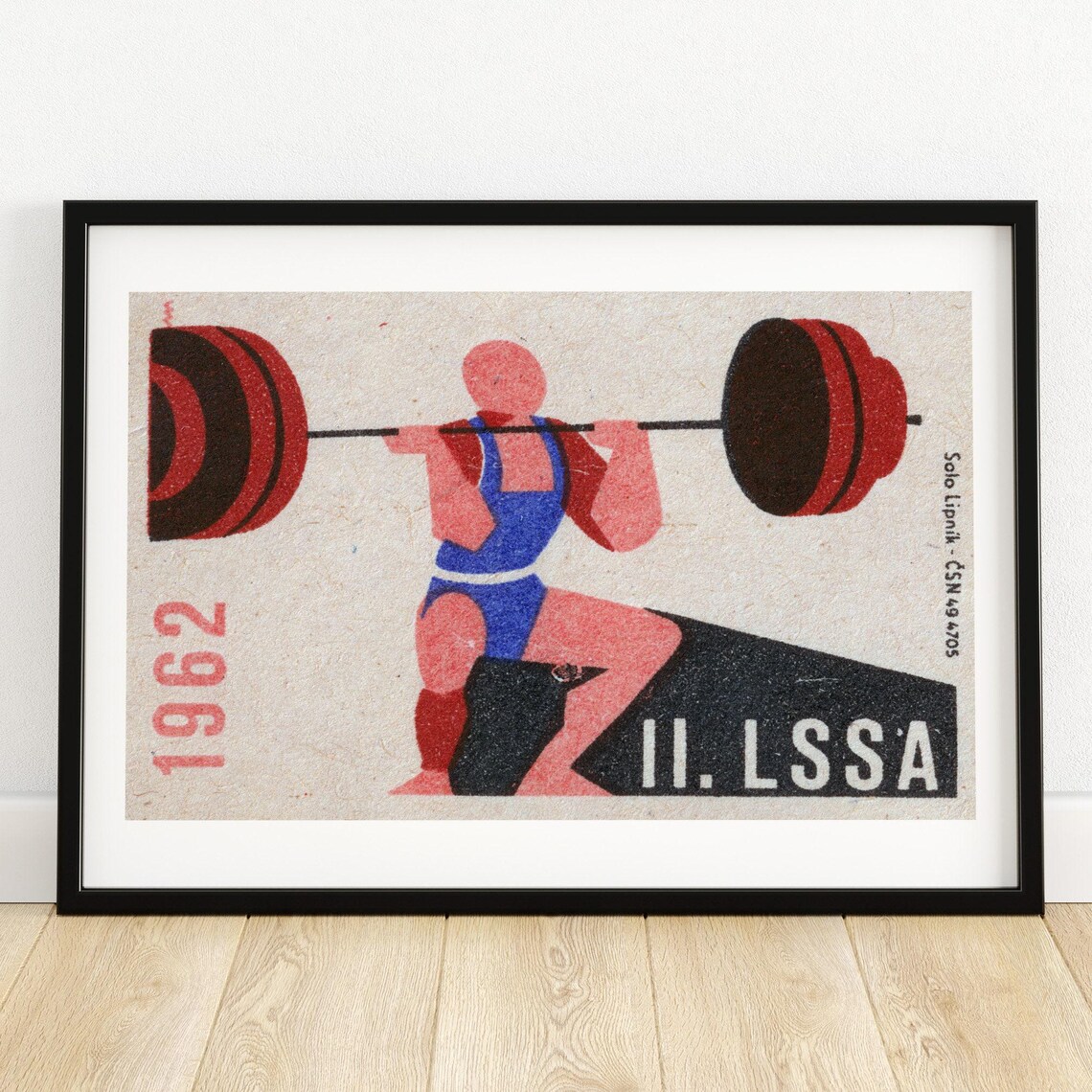 Weightlifter Squatting Matchbox Poster Print, Vintage Czech