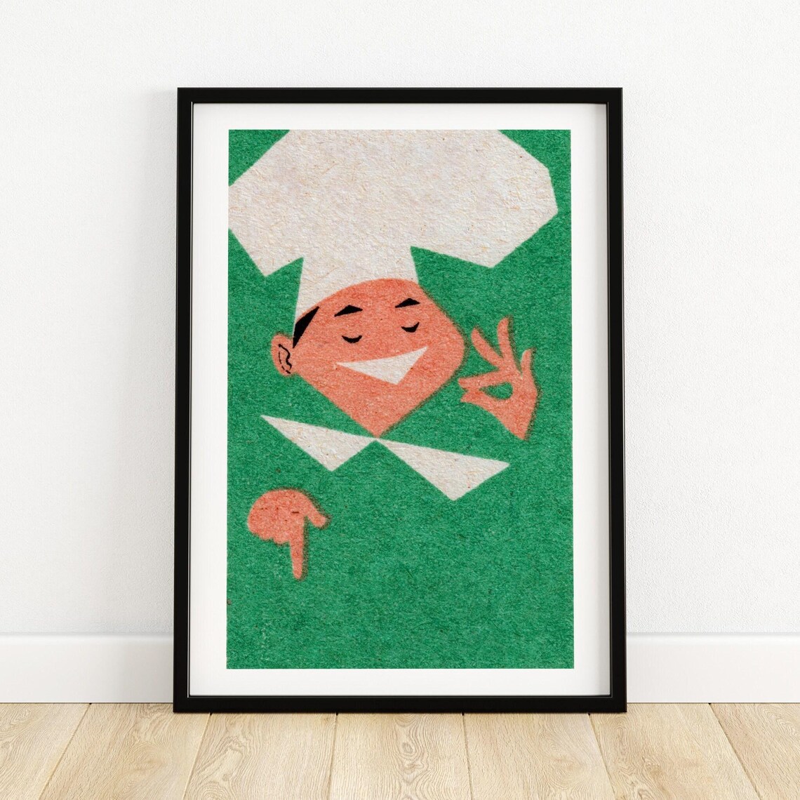 Happy Chef Matchbox Label Smiling Cook Green Background Art Poster