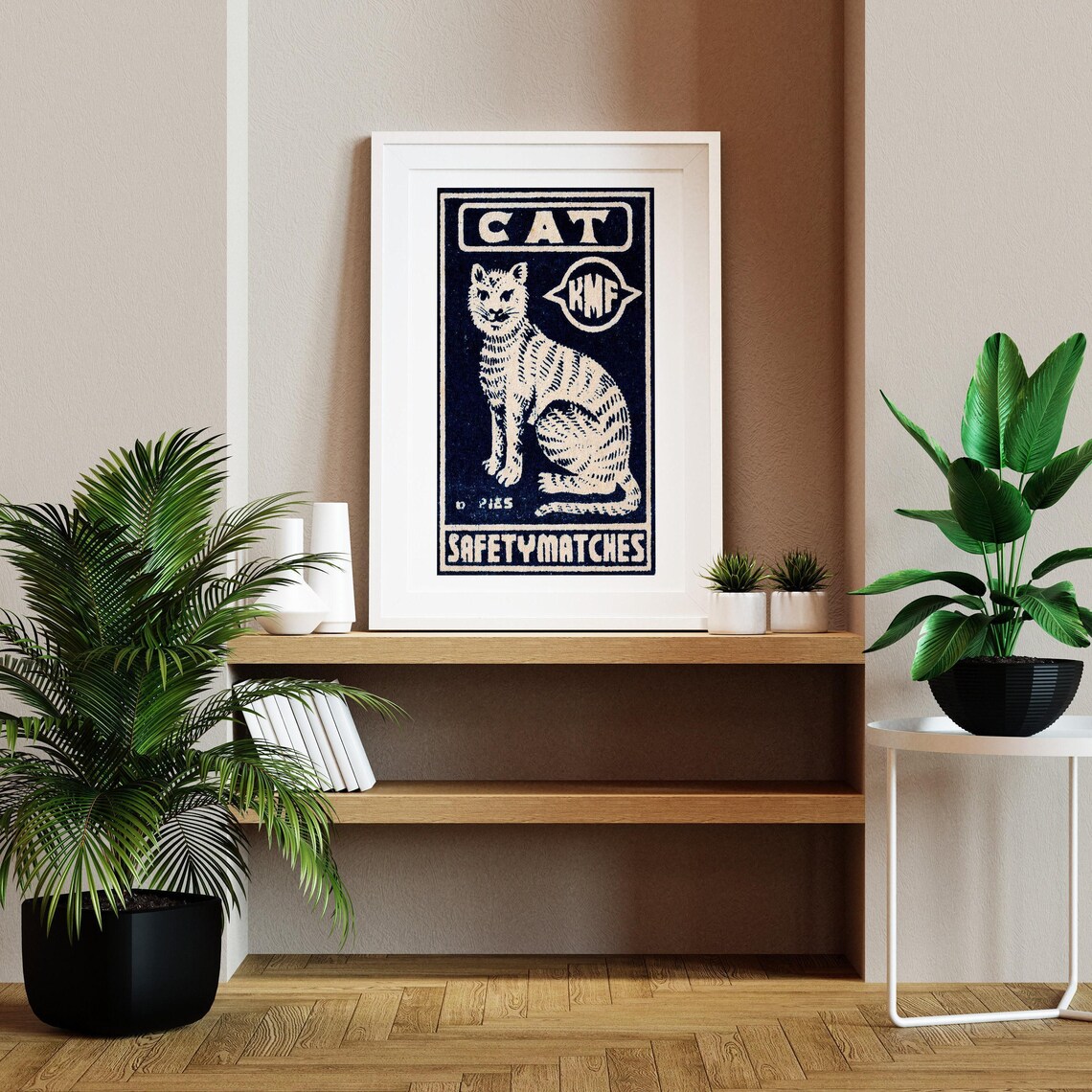 White Cat KMF Safety Matches Label Dark Blue Retro Vintage Feline Poster - Image 2