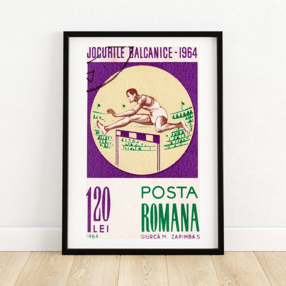 Romania 1964 Balkan Games Hurdler 120 Lei Postage Stamp Poster