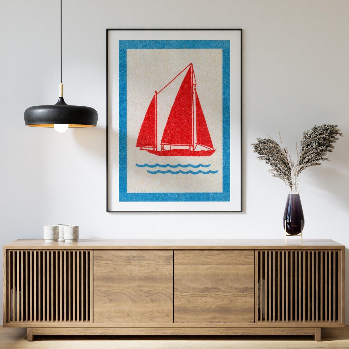 Red Sails Yacht Blue Border Vintage Matchbox Style Nautical Art Poster - Image 4