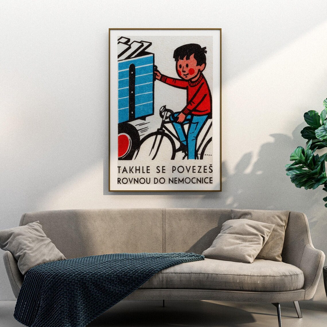 Czech Boy on Bike Truck Road Safety Vintage Retro Cycling Poster - Image 3