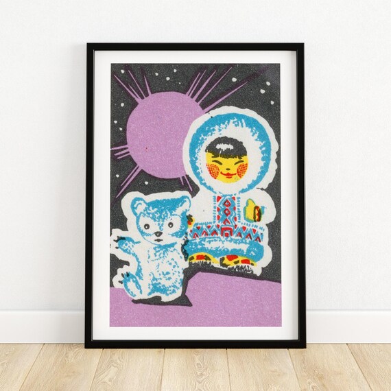 Arctic Child Bear Cub Vintage Matchbox Label Starry Night Art Poster