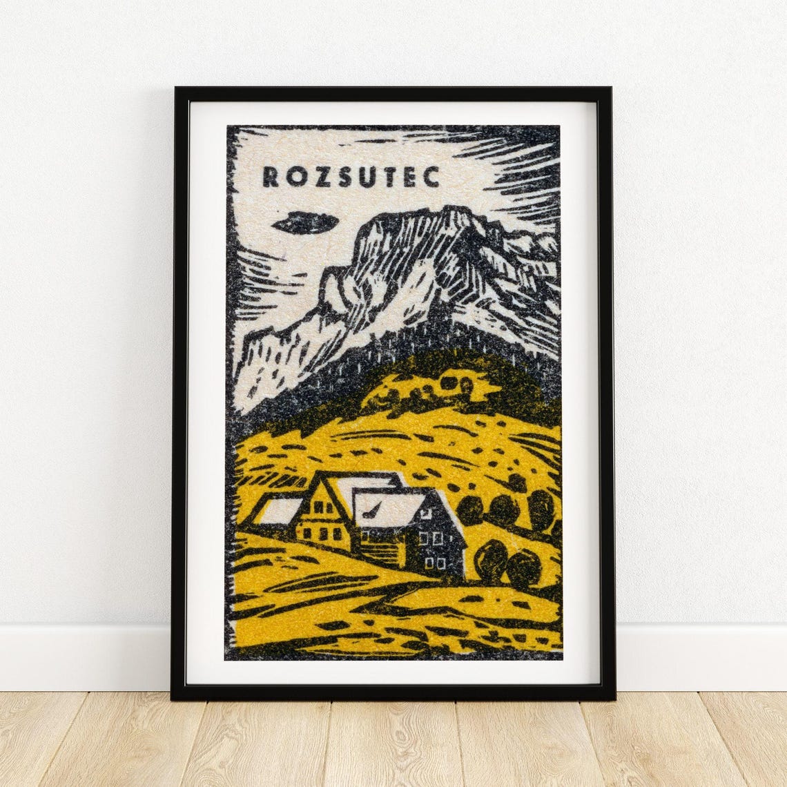 Rozsutec Mountain Cabin Woodcut Style Vintage Czech Art Poster