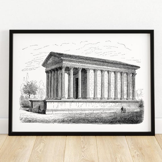 Roman Corinthian Temple Nimes Architectural Illustration Historical Wall Art Unique Home Decor