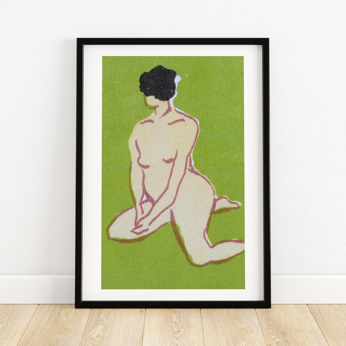 Kneeling Nude Woman Green Background Minimalist Line Drawing Art Poster