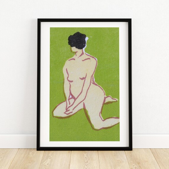 Kneeling Nude Woman Green Background Minimalist Line Drawing Art Poster