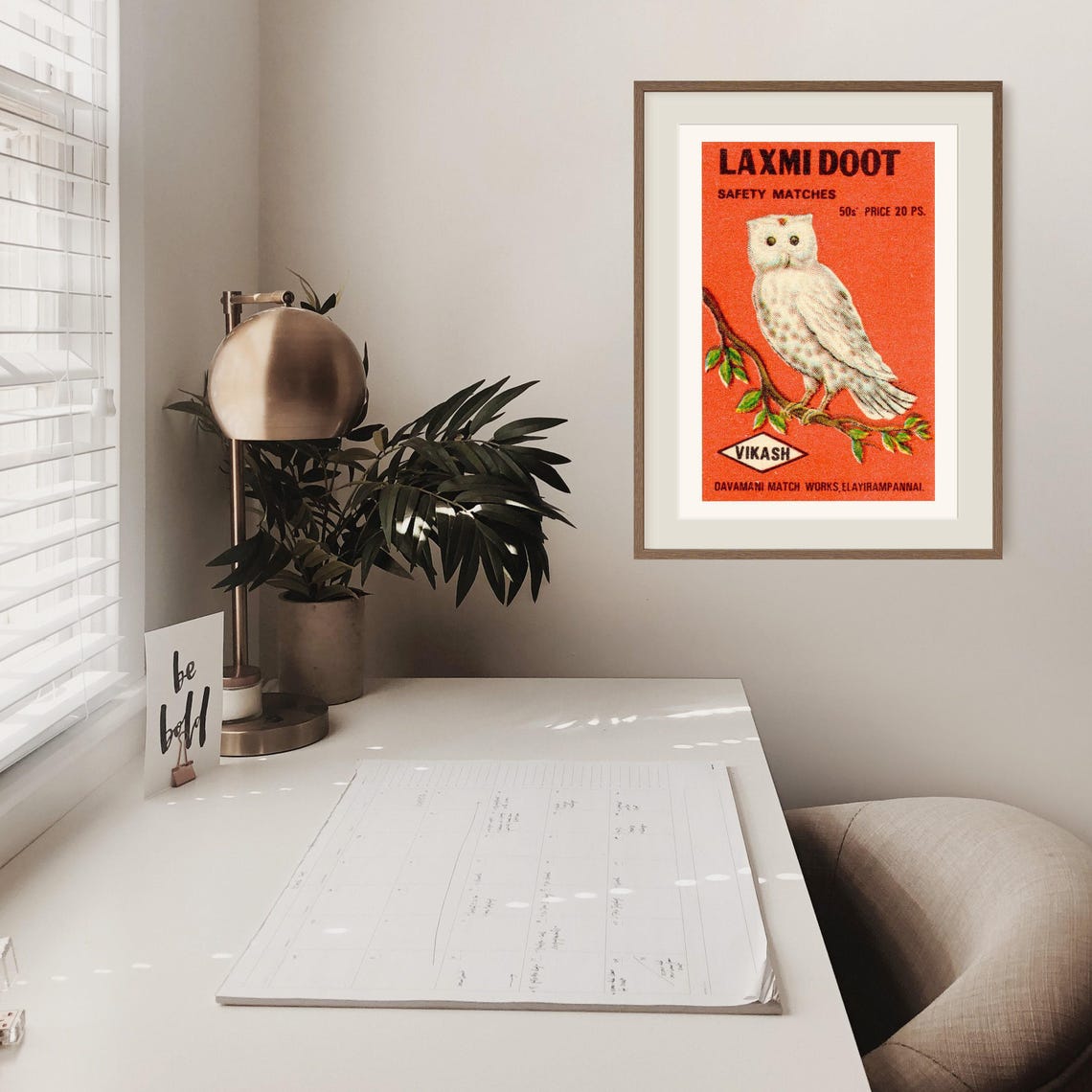 Laxmi Doot White Owl Vintage Indian Matchbox Label Art Poster - Image 2