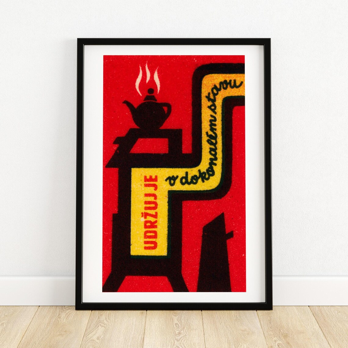 Red Czech Boiling Kettle Stove Vintage Safety Matchbox Label Poster