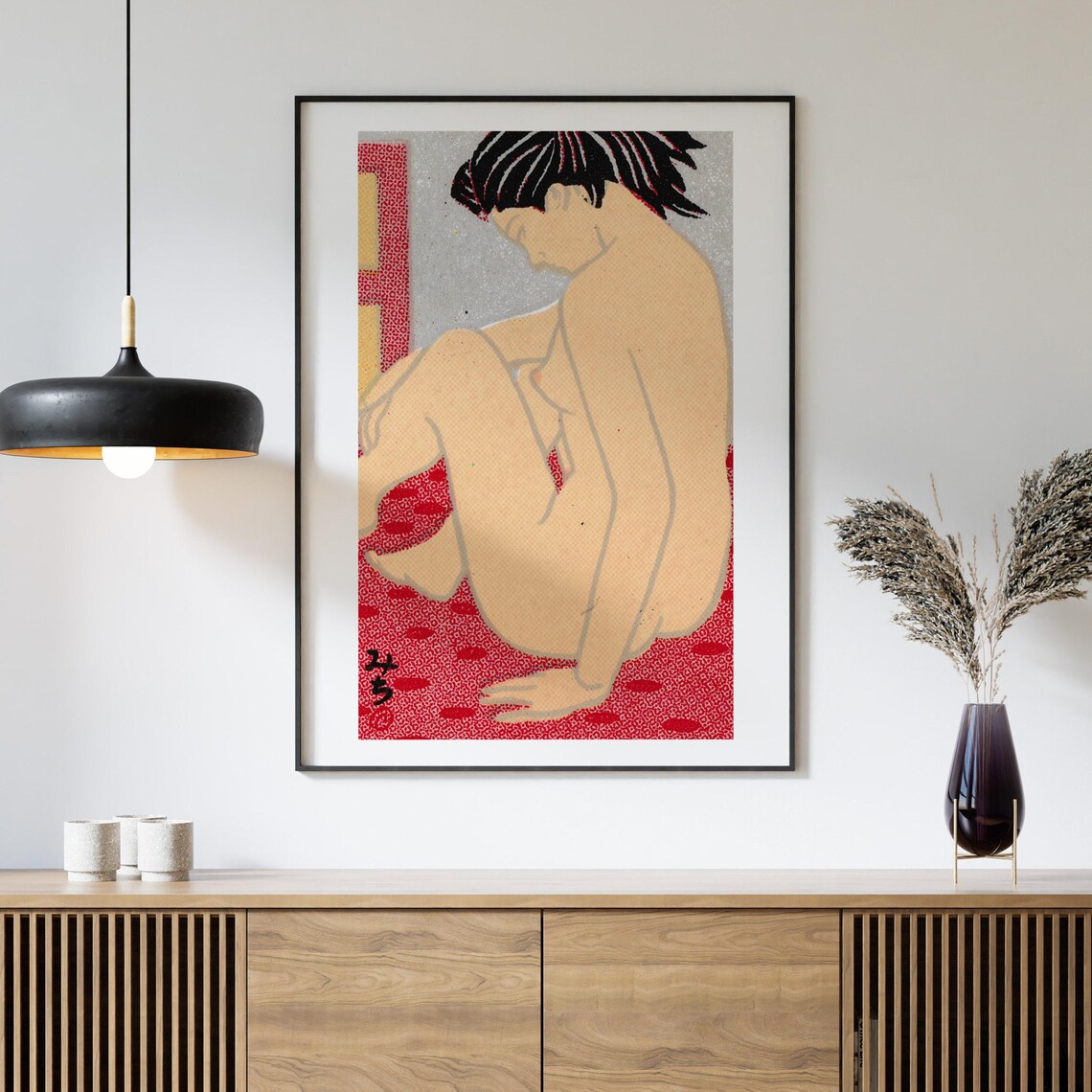 Japanese Woodblock Seated Nude Woman Red Patterned Style Art Poster - Image 4
