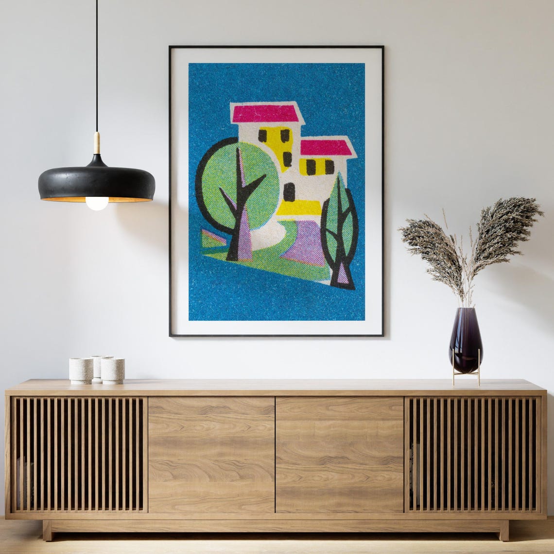 Yellow House Red Roofs Tree Blue Vintage Matchbox Art Poster - Image 4