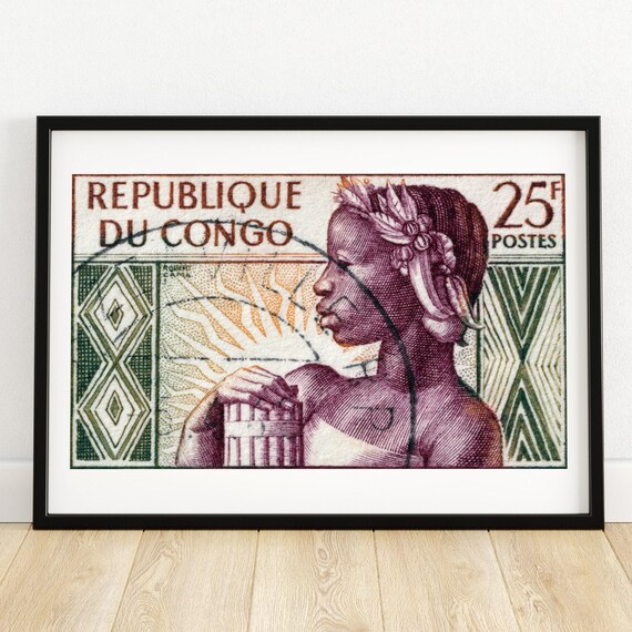 Congolese Woman Vintage Congo Art Postage Stamp Print Aesthetic Wall Art Postage Stamp Wall Poster Vintage African Art