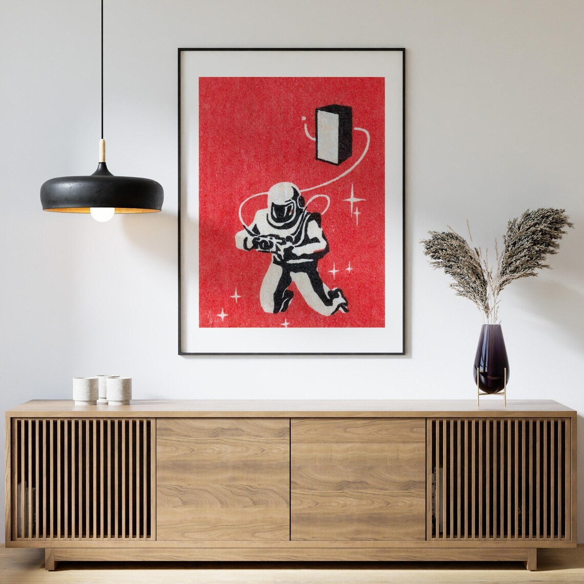 Astronaut With Camera Vintage Matchbox Art Space Retro Red Background Poster - Image 4