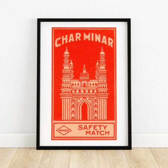 Charminar Matchbox Art Print Vintage Indian Collectible Retro Decor Red Graphic Design Unique Wall Art Gift For Him Or Her A4
