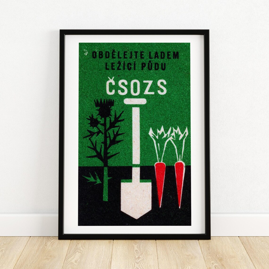 Gardening Shovel Matchbox Print, Vintage Czech Art