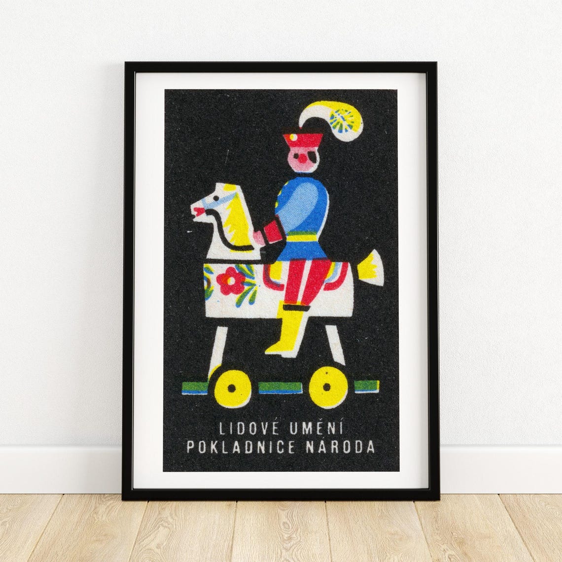 Czech Folk Toy Horse Rider Black Vintage Matchbox Label Art Poster