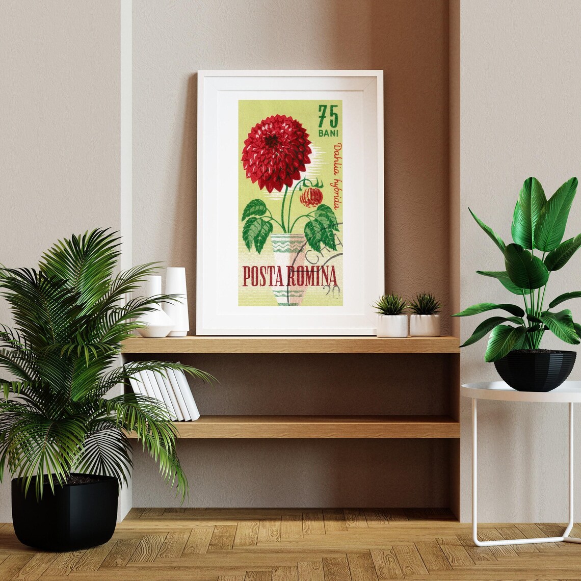 Red Dahlia Romania Postage Stamp 75 Bani Floral Vintage Poster - Image 2