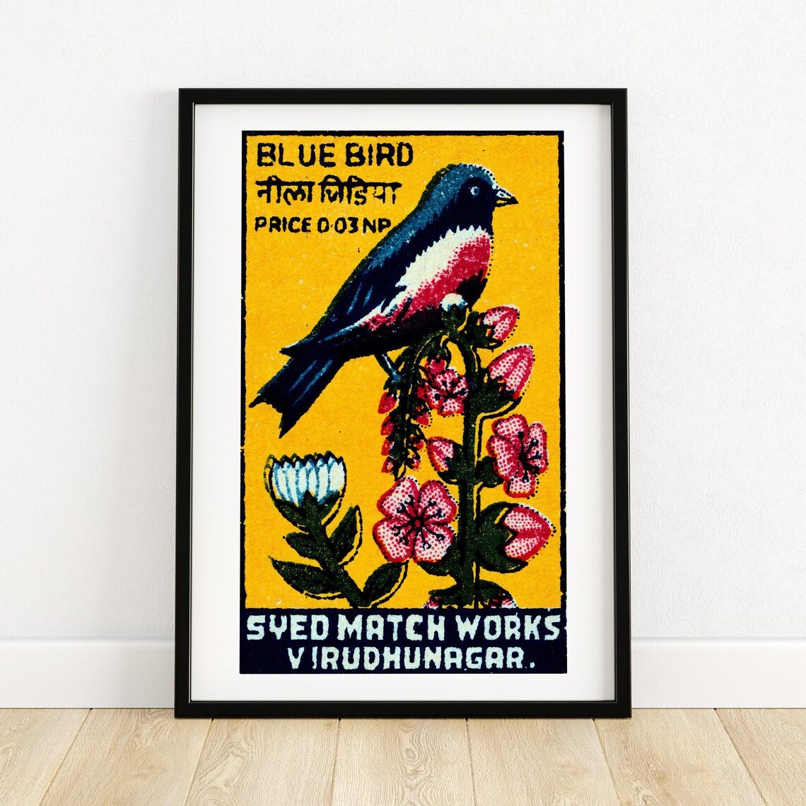 Blue Bird Matchbox Vintage India Art Poster