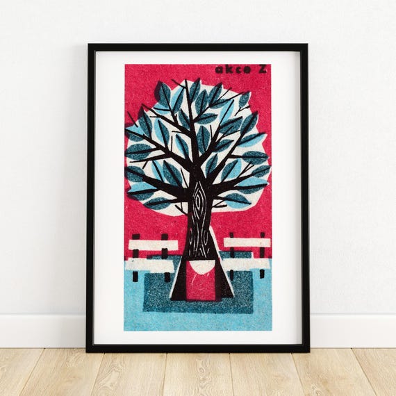Tree With Park Benches Matchbox Print Aesthetic Wall Art Vintage Eastern Europe Art Matchbox Wall Poster Vintage Poster Print