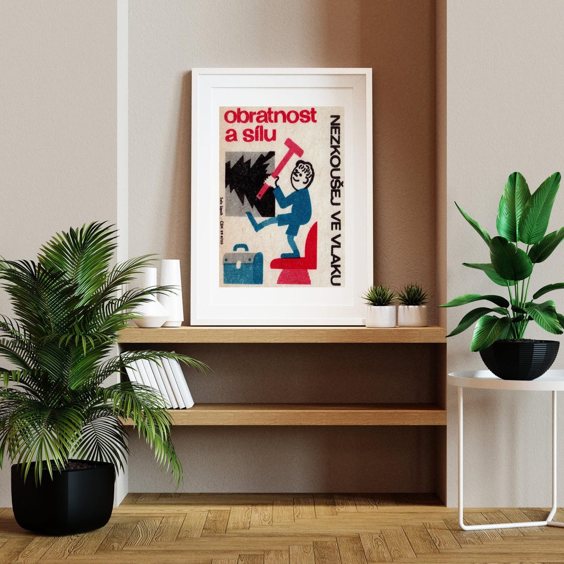 Train Safety Boy Red Hammer Warning Vintage Czech Cartoon Poster - Image 2