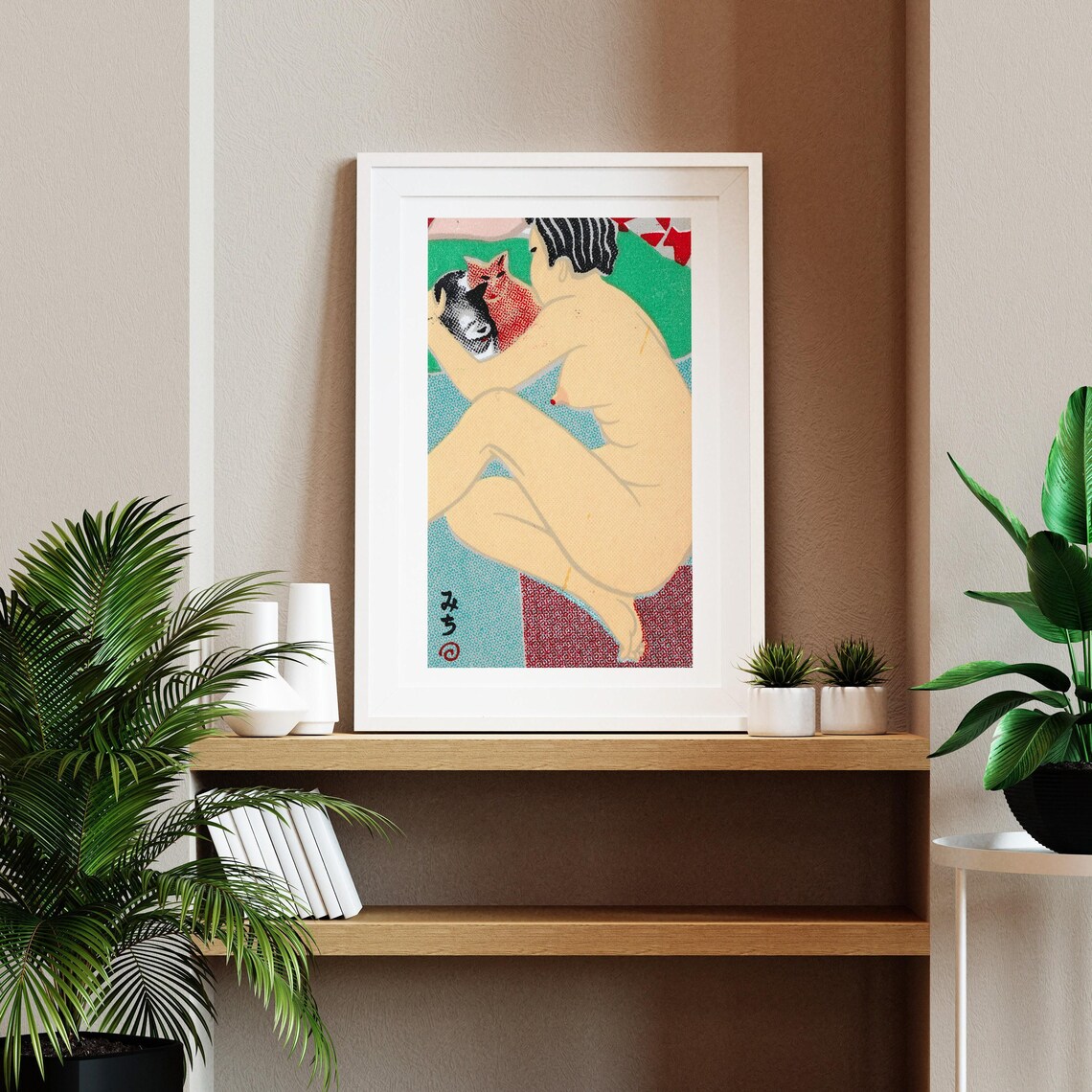 Japanese Woman Cuddling Cats Woodblock Style Nude Figure Wall Art - Image 2