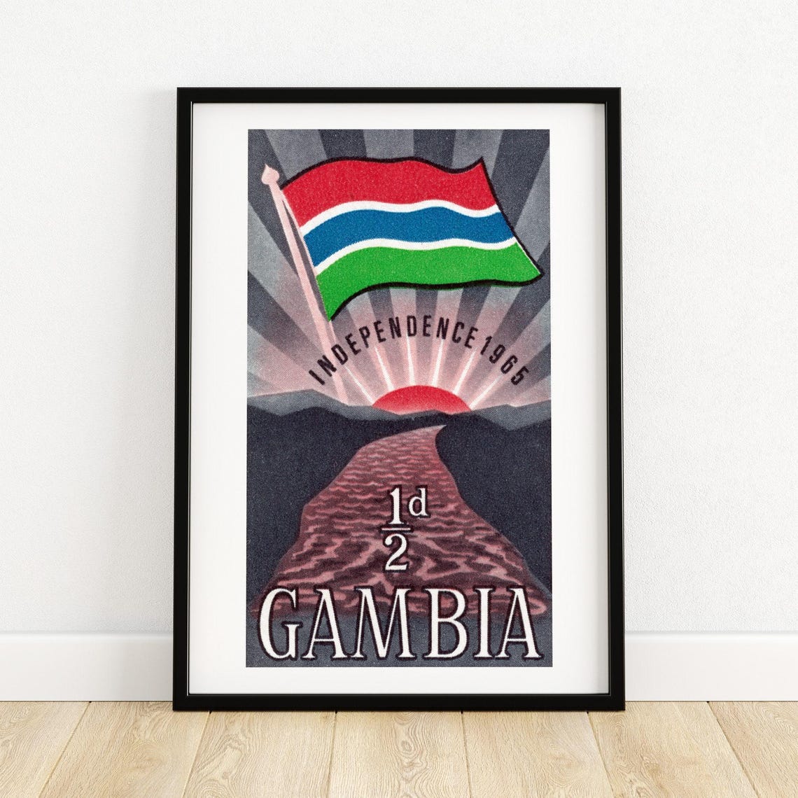 Gambia 1965 Independence Flag Sunrise Vintage African Stamp Art Poster