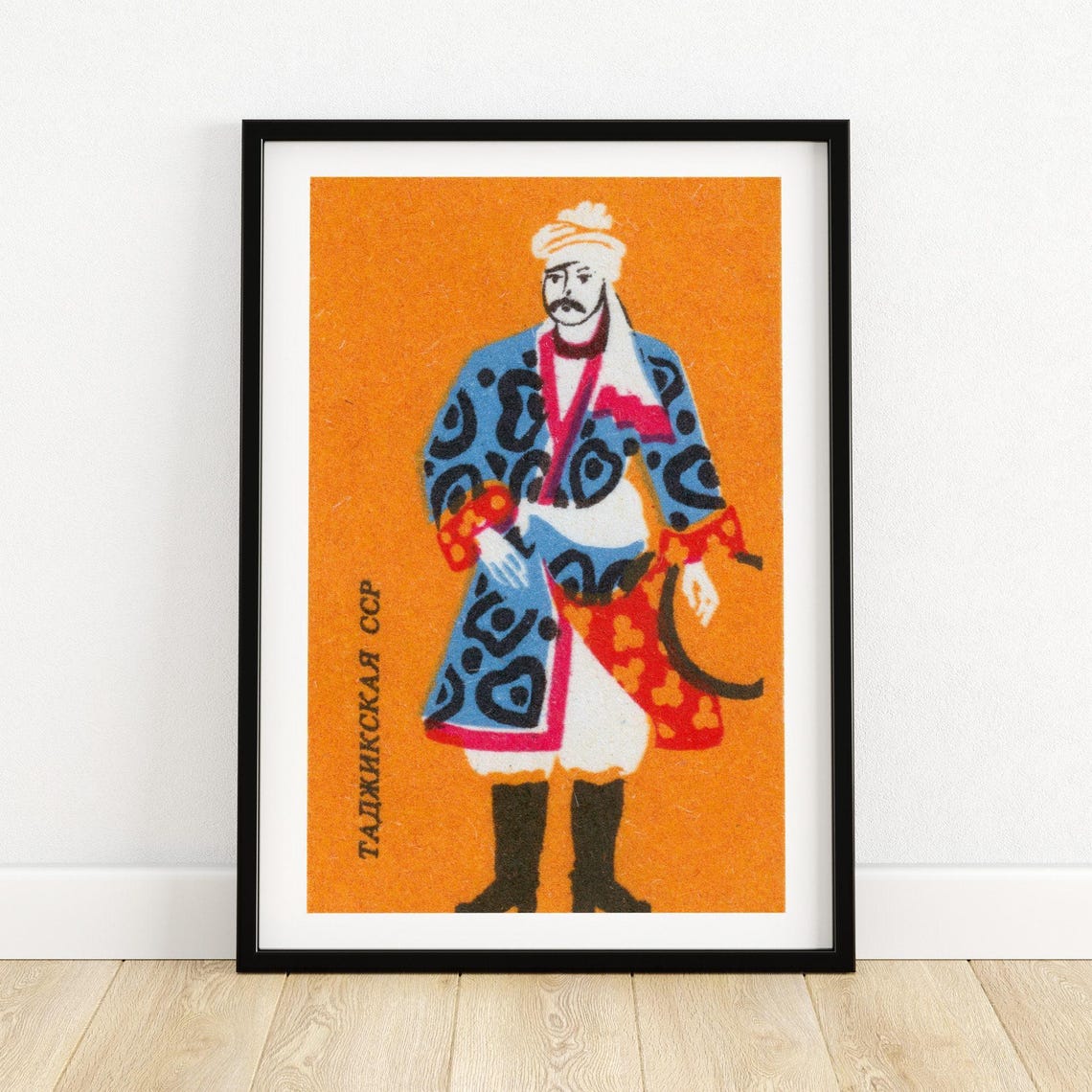 Tajik Man Traditional Dress Soviet Vintage Matchbox Label Art Poster