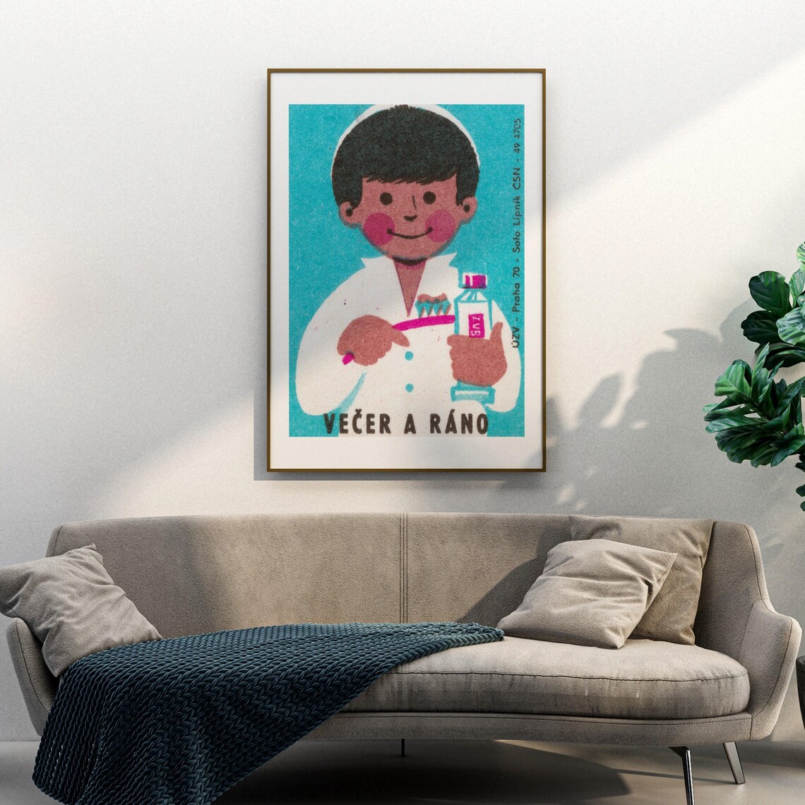 Czech Evening Morning Boy Brushing Teeth Dental Hygiene Art Poster - Image 3