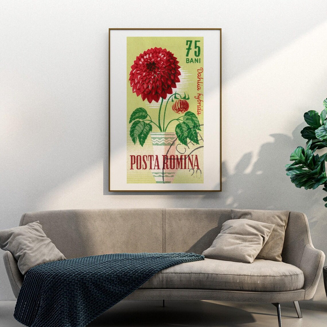 Red Dahlia Romania Postage Stamp 75 Bani Floral Vintage Poster - Image 3