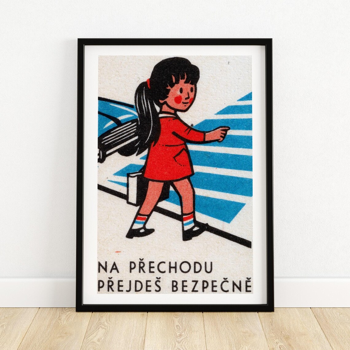 Girl Crossing Street Vintage Czech Poster Print