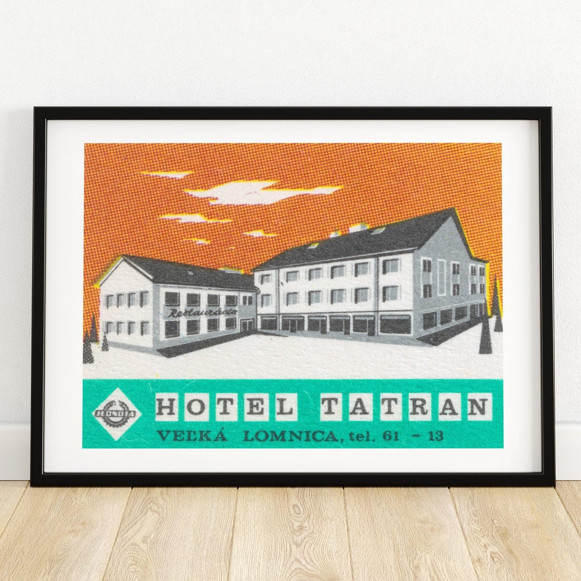 Hotel Tatran Velka Lomnica Orange Sky Retro Matchbox Label Poster