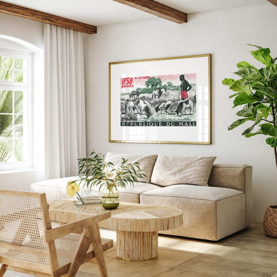 Mali Elevage Herdsman With Cattle Vintage French Stamp Art Poster - Image 4