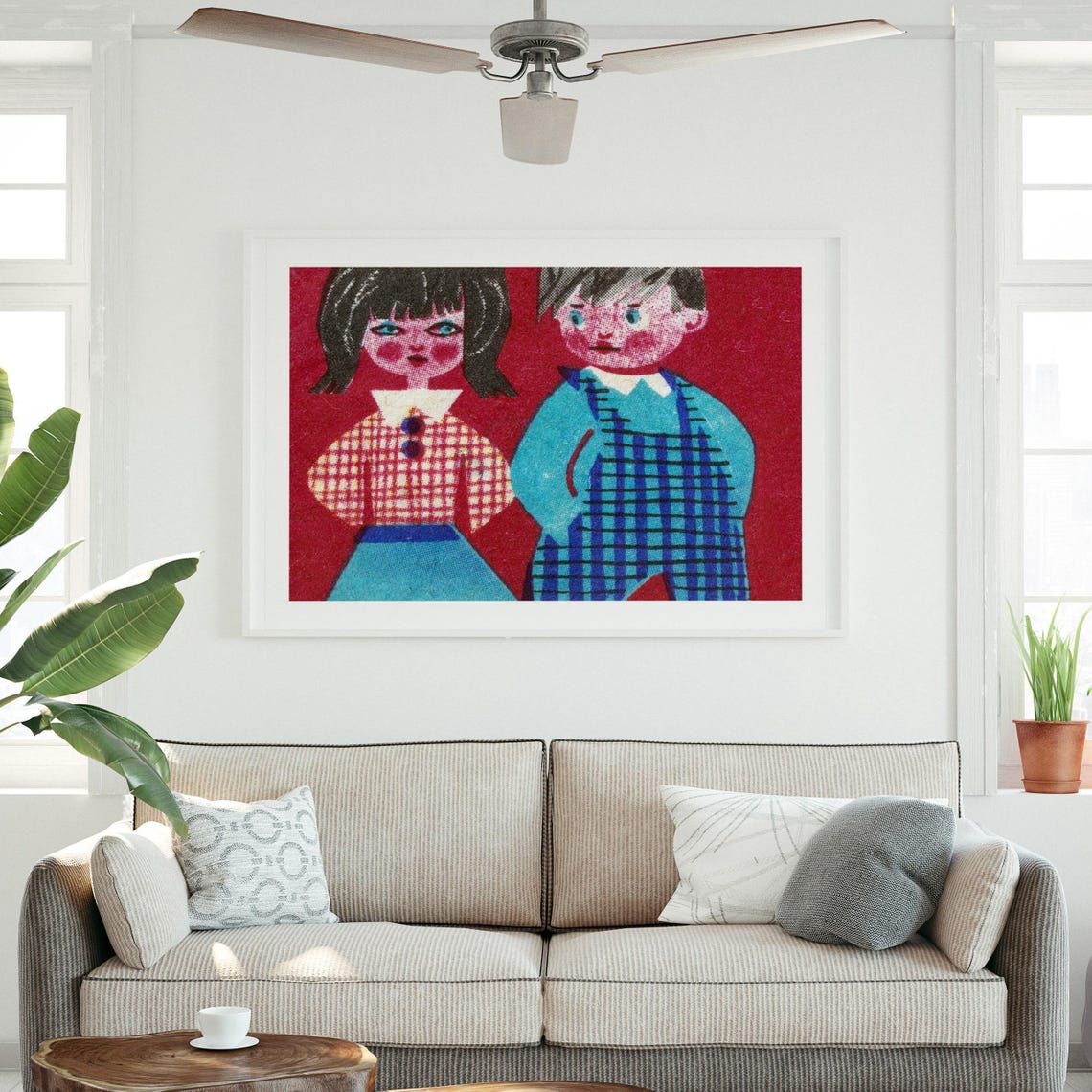 Two Children On Red Vintage Mid Century Matchbox Label Art Poster - Image 3