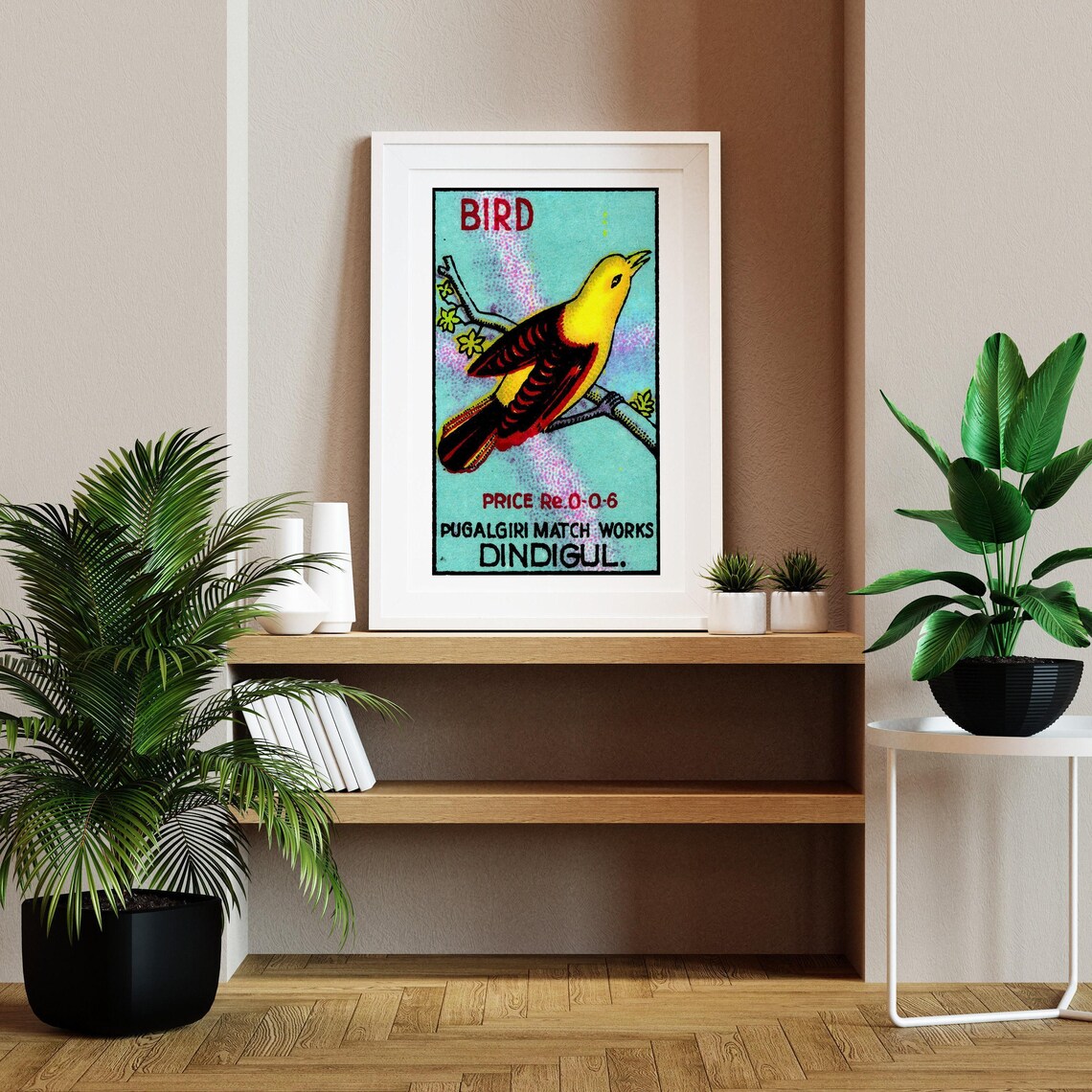 Bird Yellow Songbird on Blossom Branch Vintage India Match Poster - Image 2