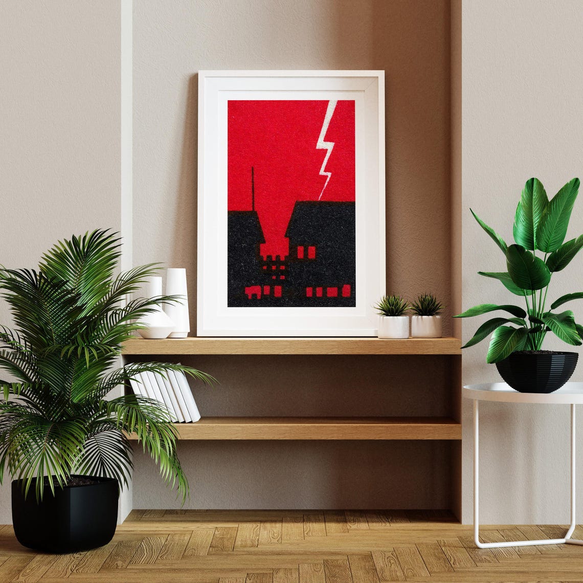 Lightning Strike Over House Black Red Dramatic Storm Night Art Poster - Image 2