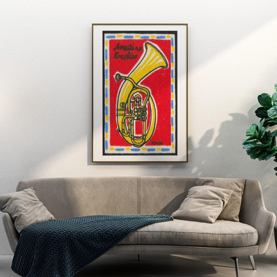 Amati Kraslice Tenor Horn Yellow On Red Matchbox Label Art Poster - Image 3