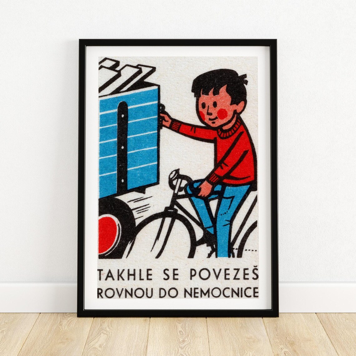 Czech Boy on Bike Truck Road Safety Vintage Retro Cycling Poster