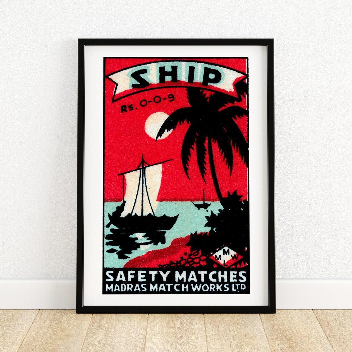 Ship Safety Matches Vintage Sailboat Palm Silhouette Matchbox Poster