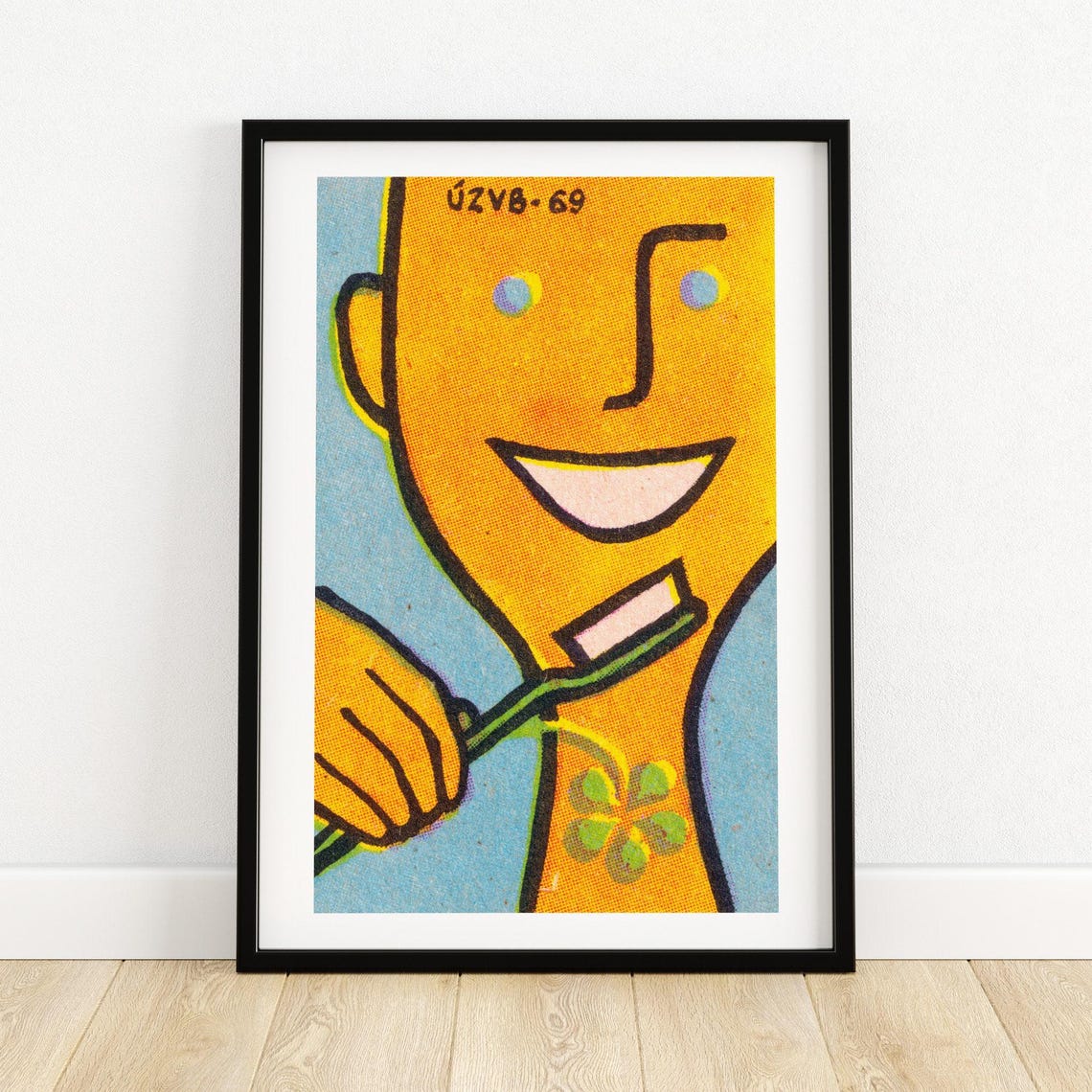 Brushing Teeth Matchbox Label Yellow Cartoon Dental Art Poster
