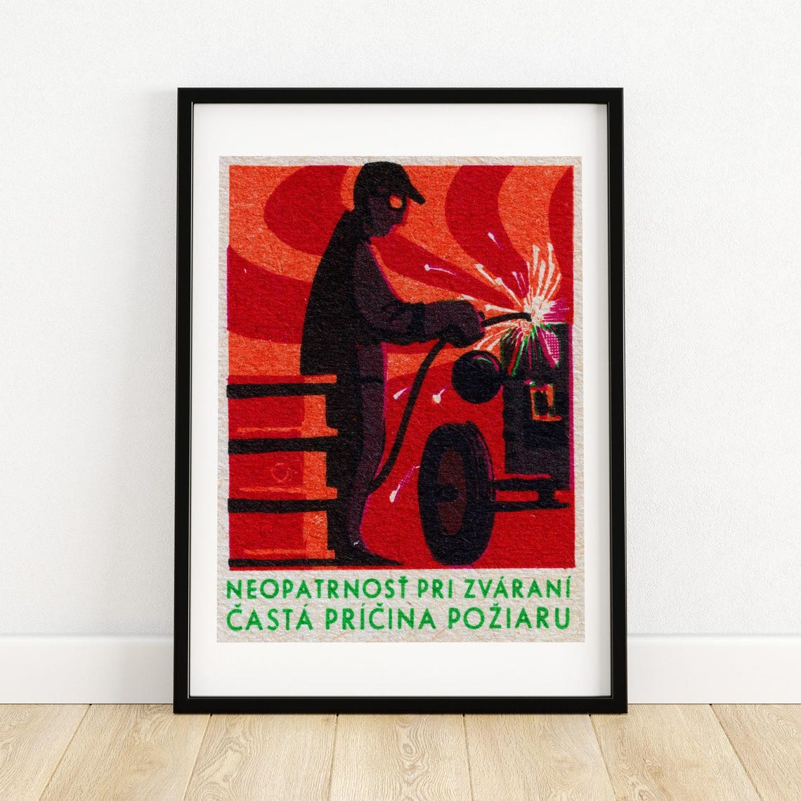 Slovak Welding Fire Safety Welder Sparks Vintage Matchbox Label Poster