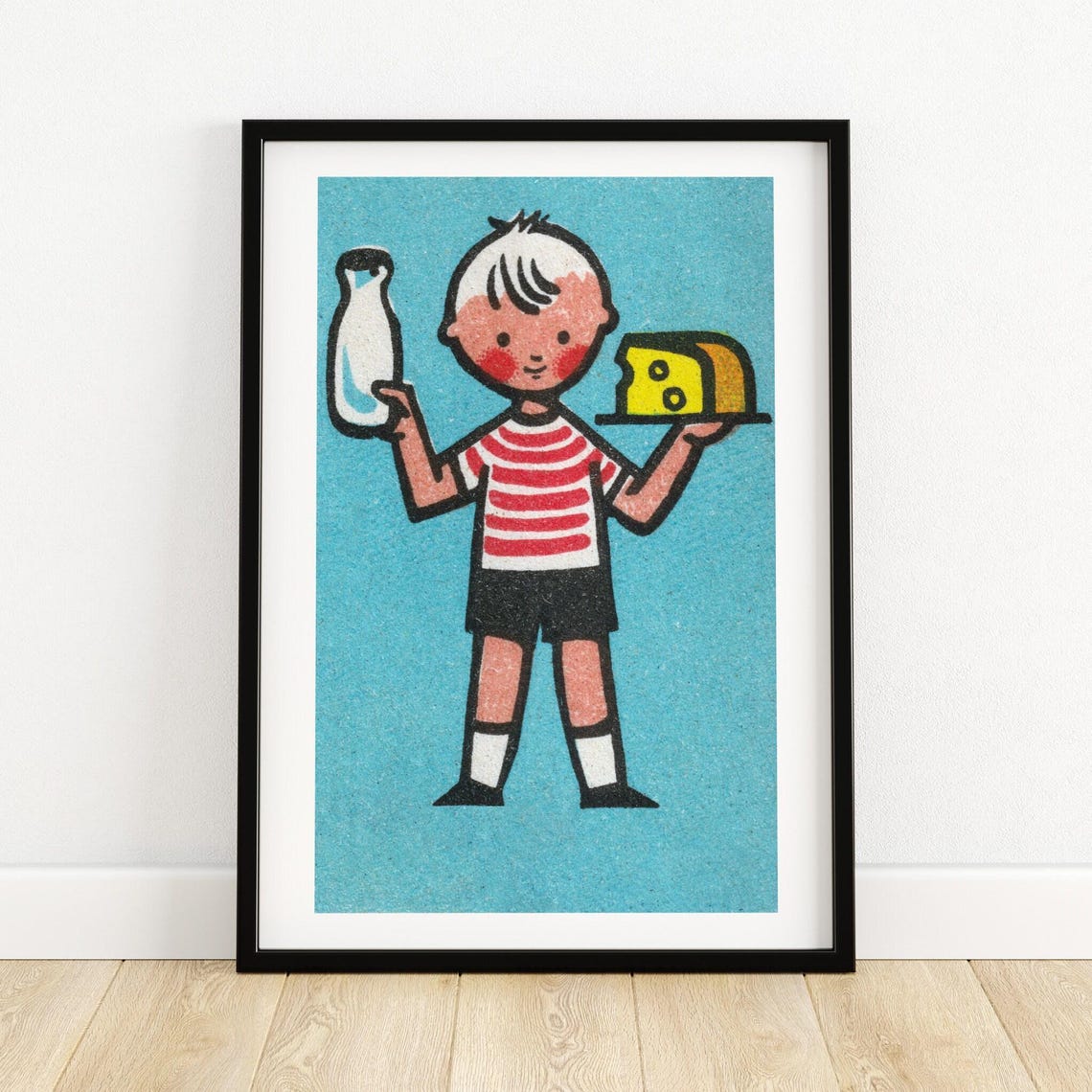 Boy with Milk Bottle and Cheese Vintage Czech Matchbox Label Poster