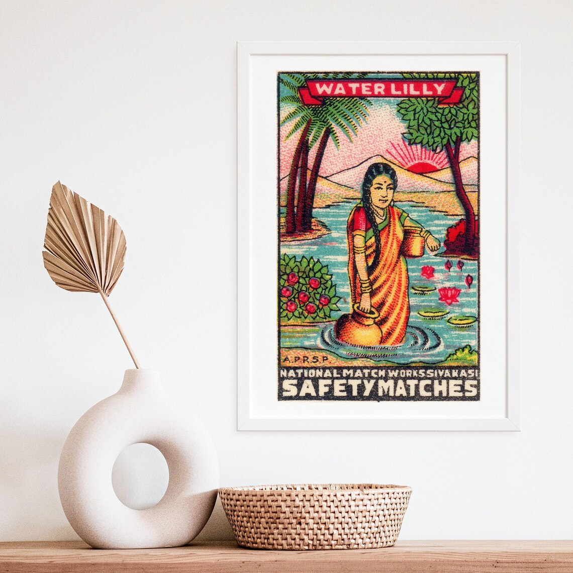 Water Lilly National Match Works Sivakasi Vintage Indian Label Poster - Image 4