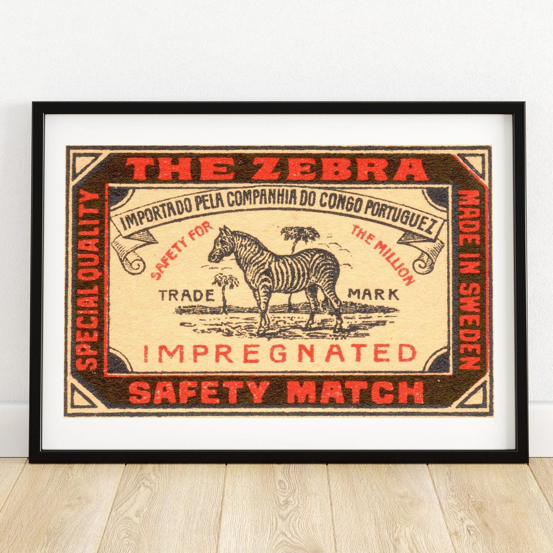 The Zebra Congo Portuguese Vintage Swedish Matchbox Label Poster