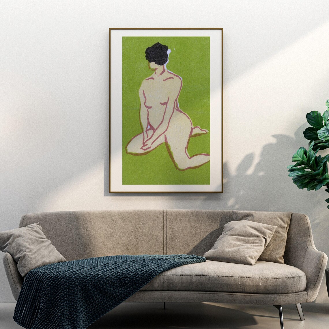 Kneeling Nude Woman Green Background Minimalist Line Drawing Art Poster - Image 3
