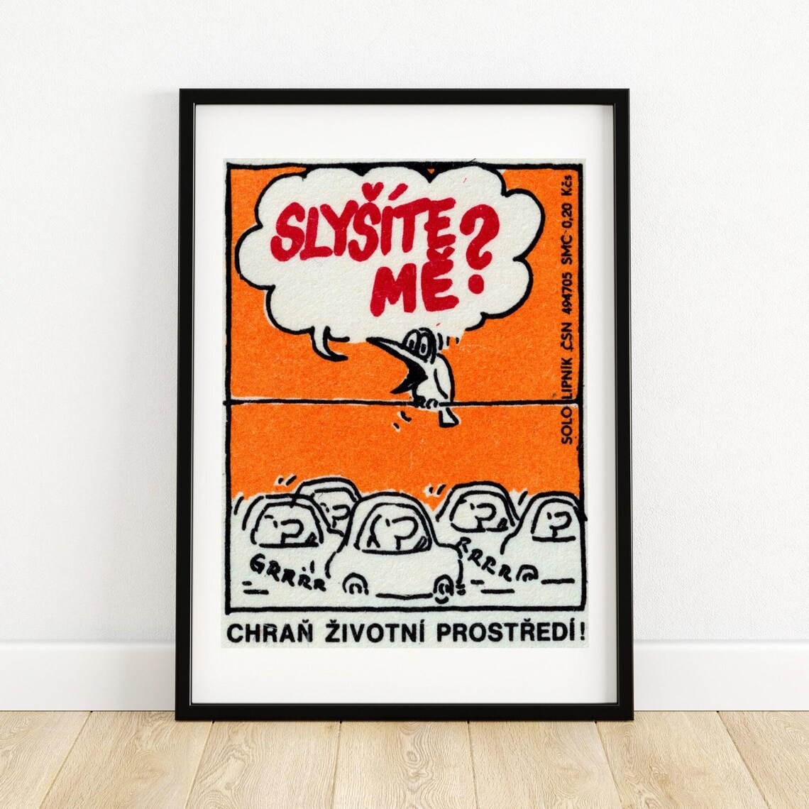 Czech Environmental Cartoon Slyšíte Mě Bird Cars Humor Label Poster