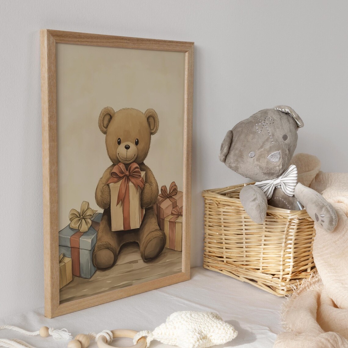 Teddy Bear with Ribbon-Tied Gift Boxes Birthday Nursery Poster - Image 3