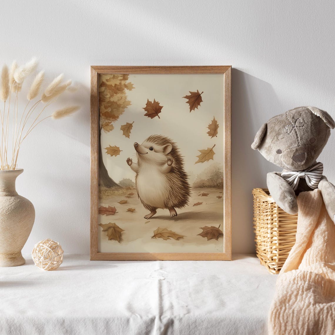 Happy Hedgehog Dancing Among Falling Autumn Maple Leaves Poster - Image 2