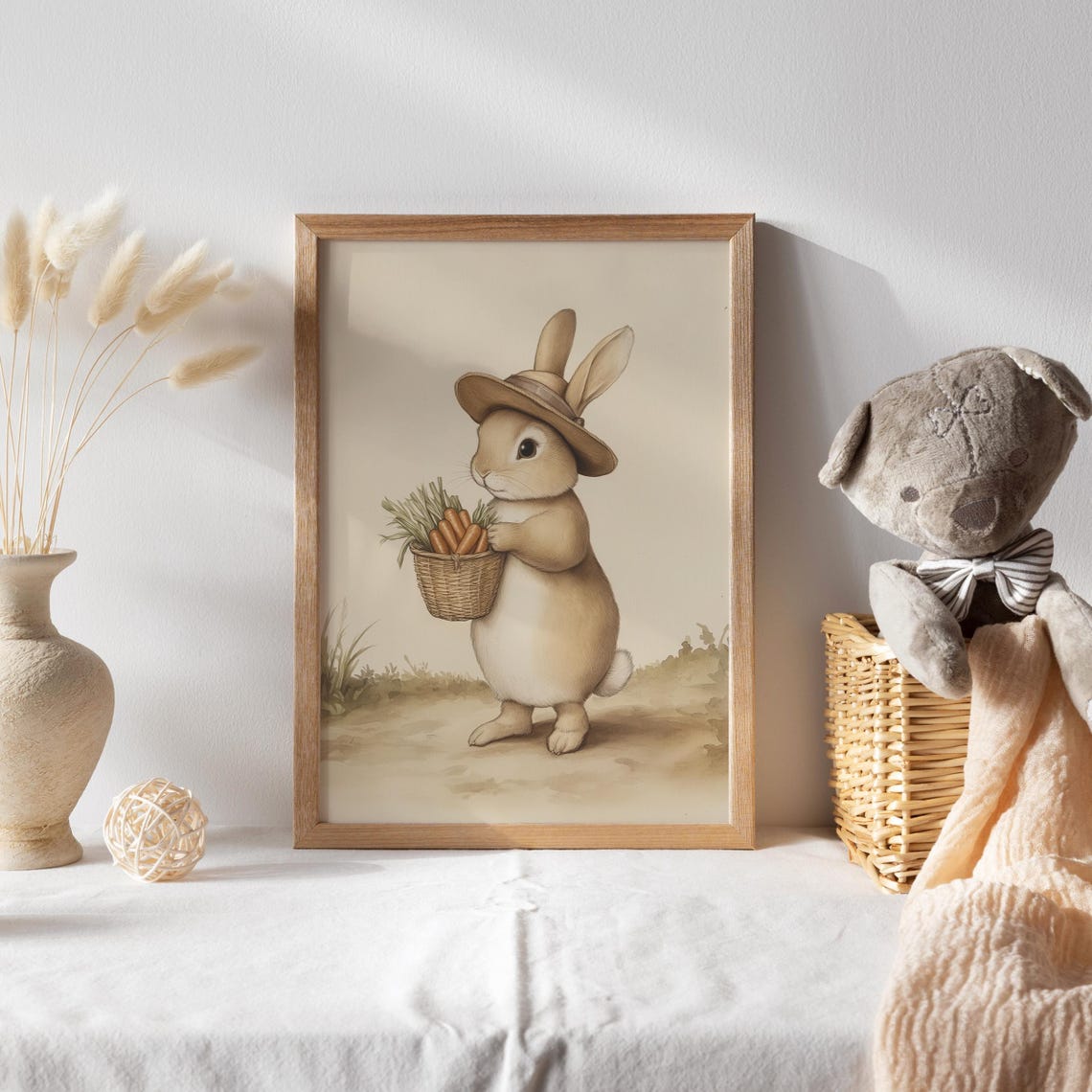Bunny in a Straw Hat Carrying a Basket of Fresh Carrots Poster - Image 2